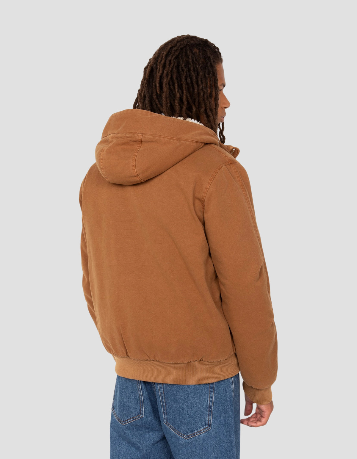 Lined camel hooded canvas worker jacket sherpa