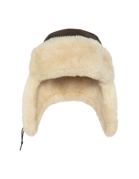 Chapka marron badgée, mouton double face