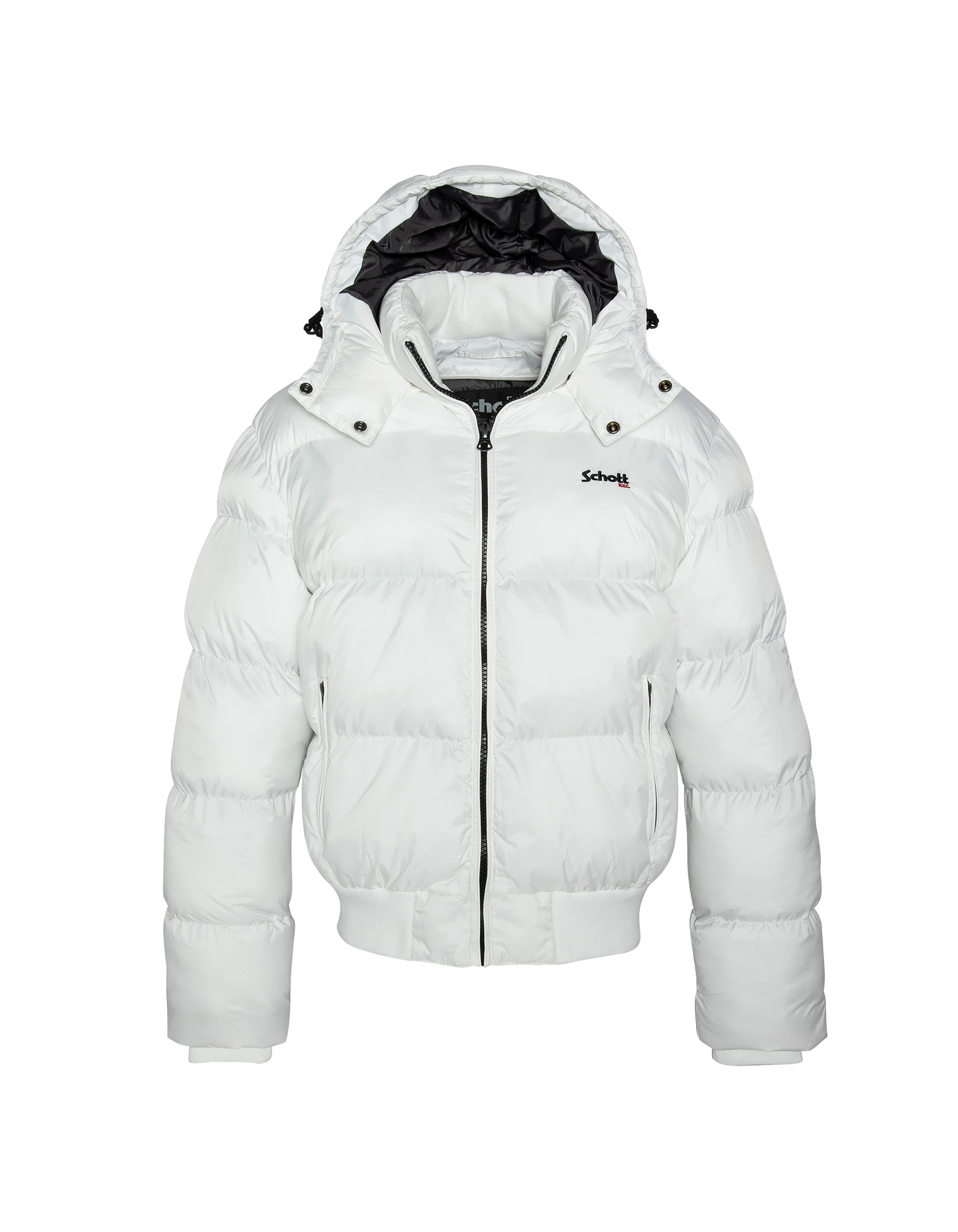 Weiße Kapuze -Down -Jacke, kastenförmiger Schnitt