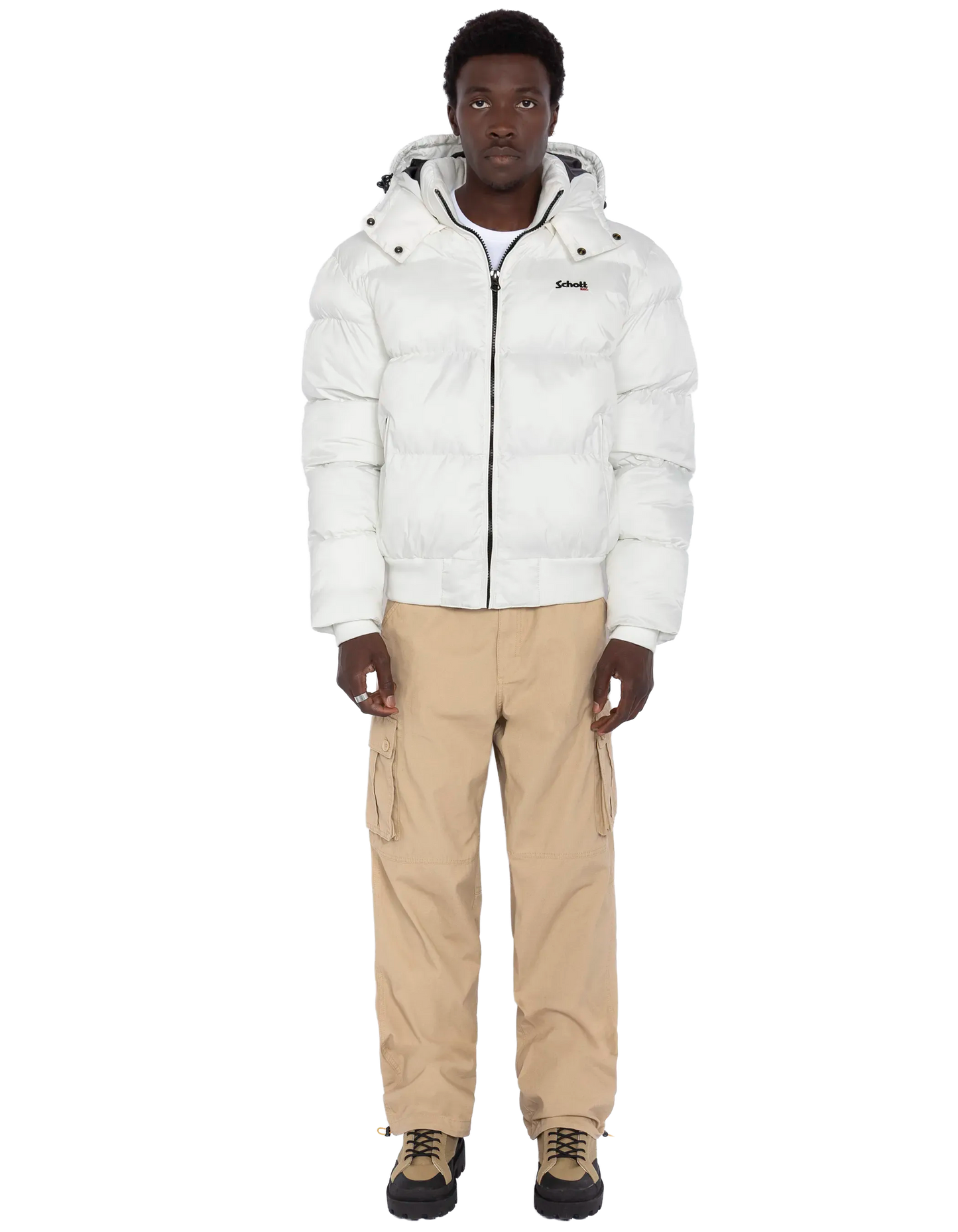 Weiße Kapuze -Down -Jacke, kastenförmiger Schnitt