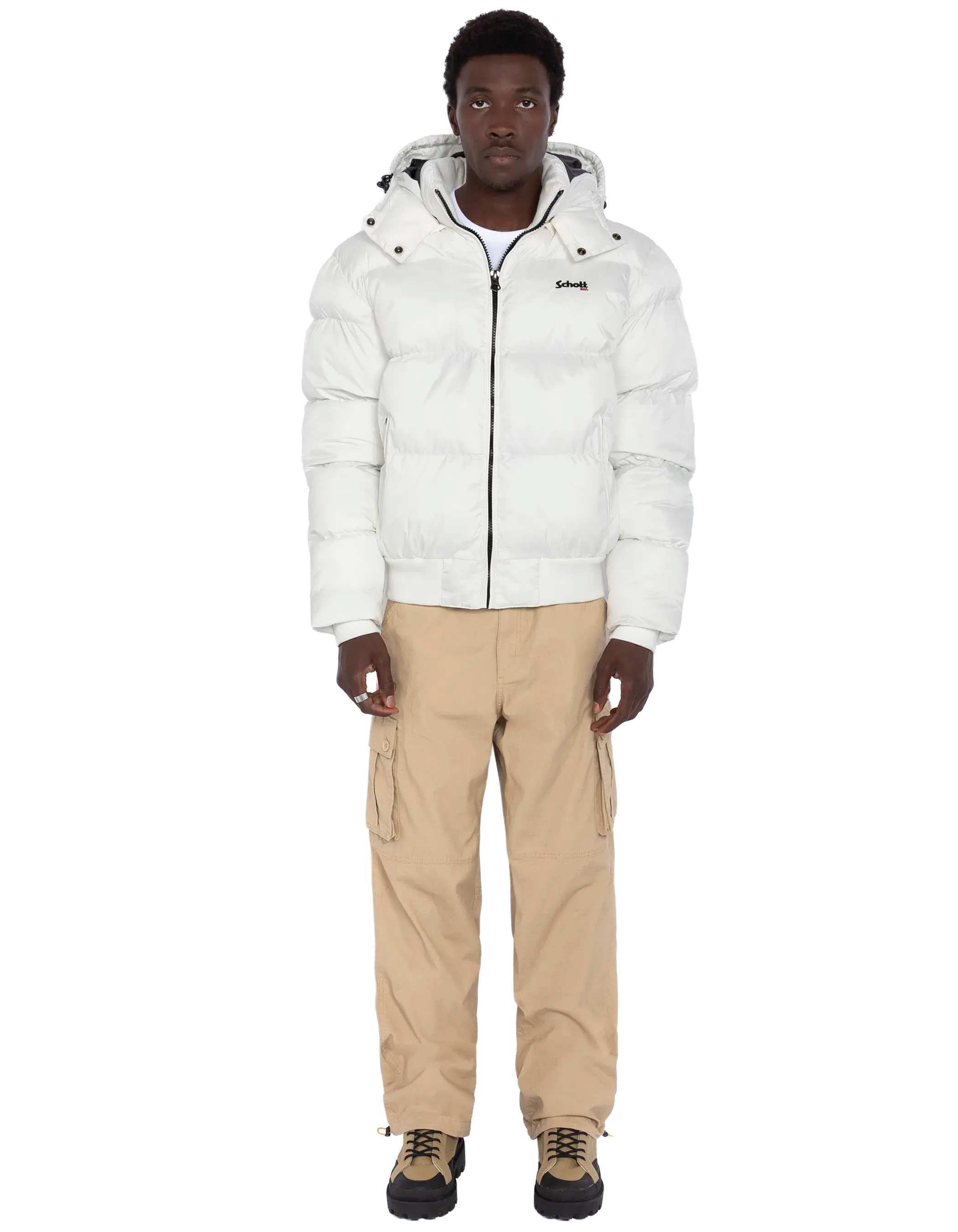 Weiße Kapuze -Down -Jacke, kastenförmiger Schnitt-1