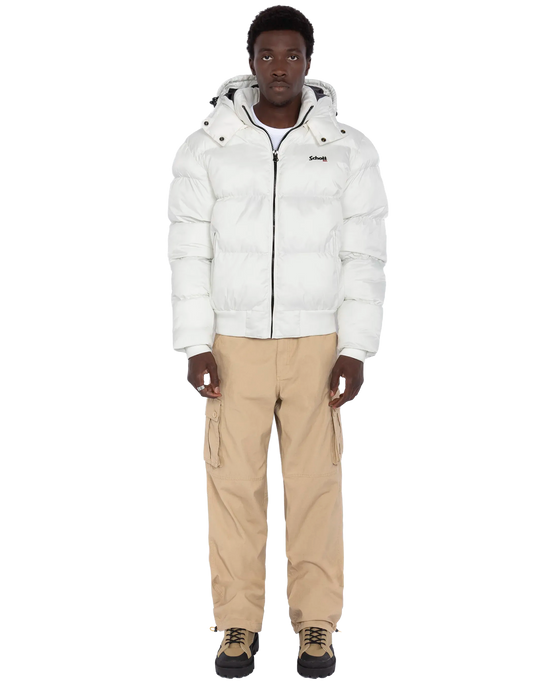 Weiße Kapuze -Down -Jacke, kastenförmiger Schnitt