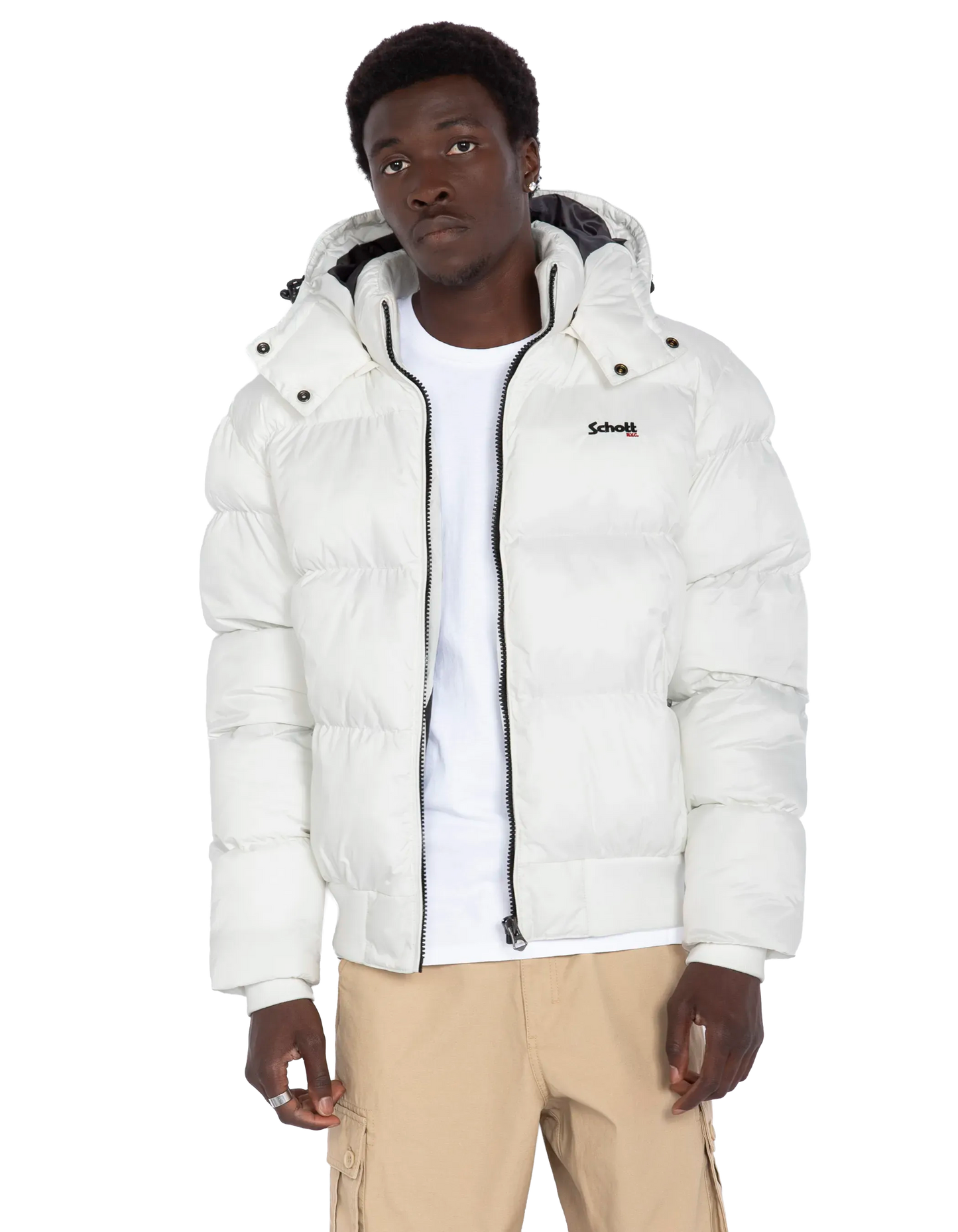 Weiße Kapuze -Down -Jacke, kastenförmiger Schnitt