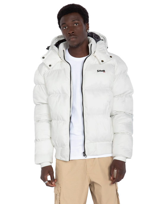 Weiße Kapuze -Down -Jacke, kastenförmiger Schnitt