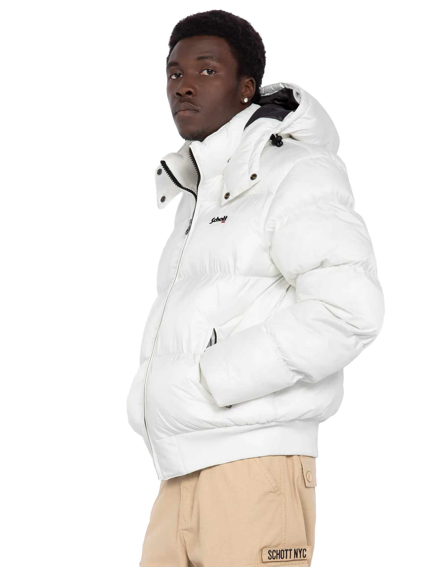 Weiße Kapuze -Down -Jacke, kastenförmiger Schnitt