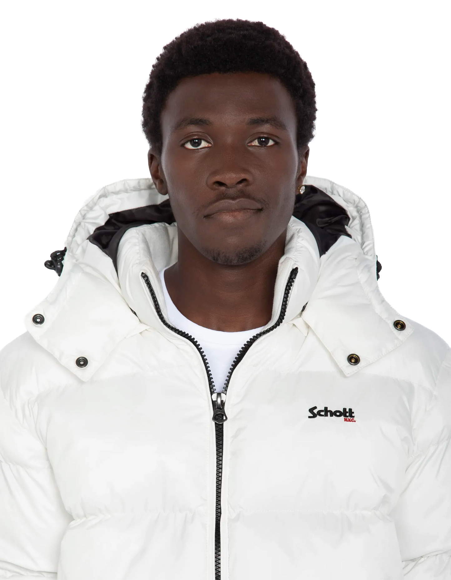 Weiße Kapuze -Down -Jacke, kastenförmiger Schnitt