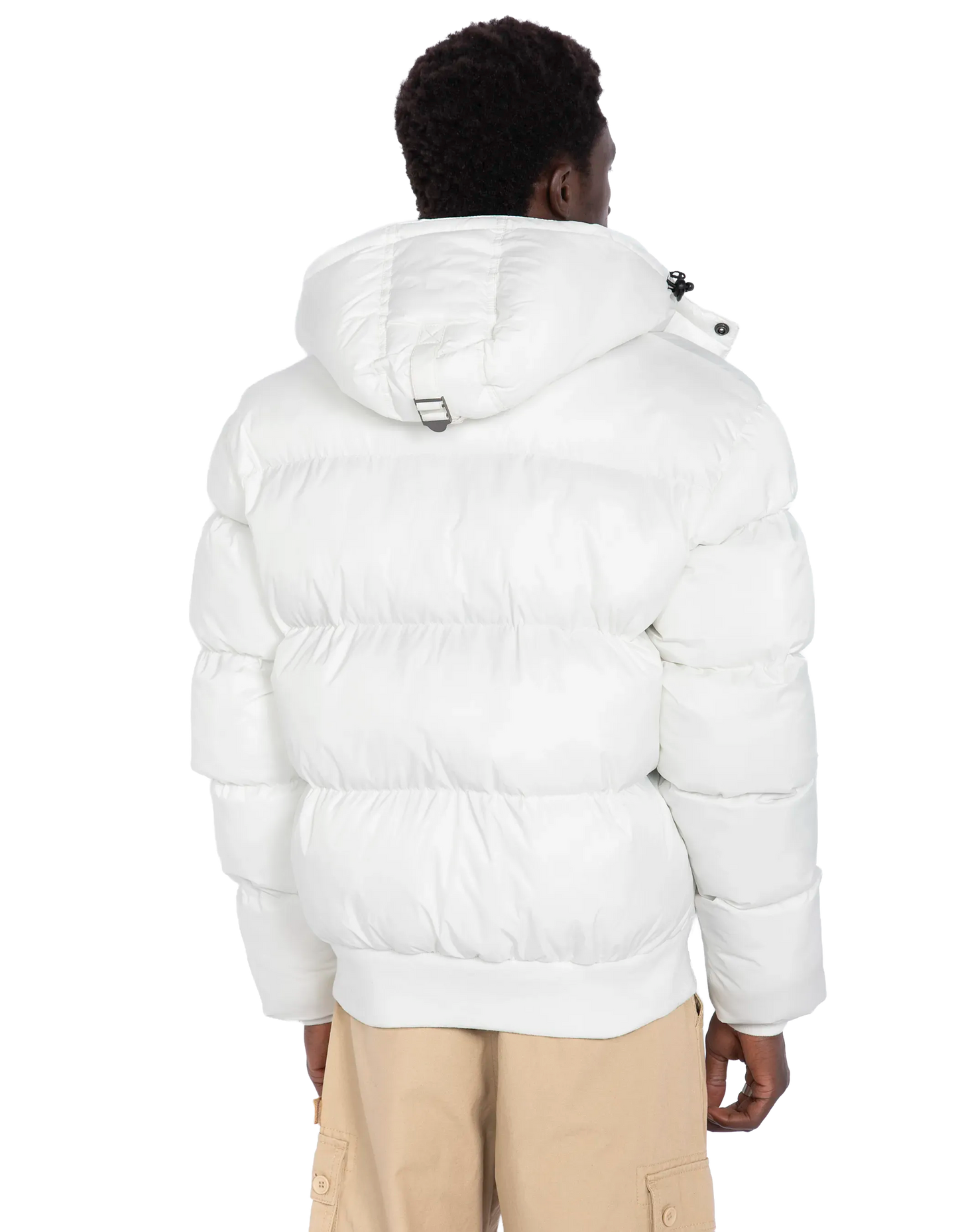 Weiße Kapuze -Down -Jacke, kastenförmiger Schnitt