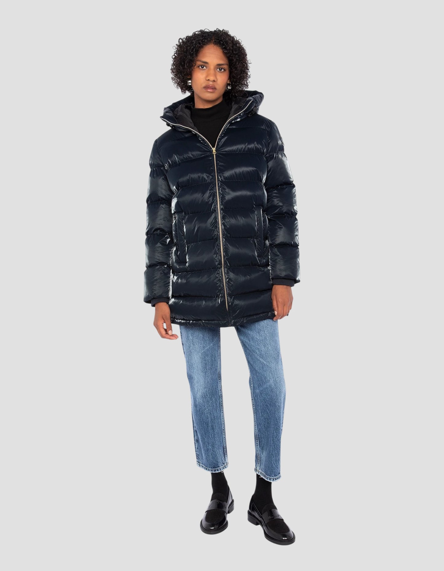 Doudoune longue bleu marine shiny à capuche