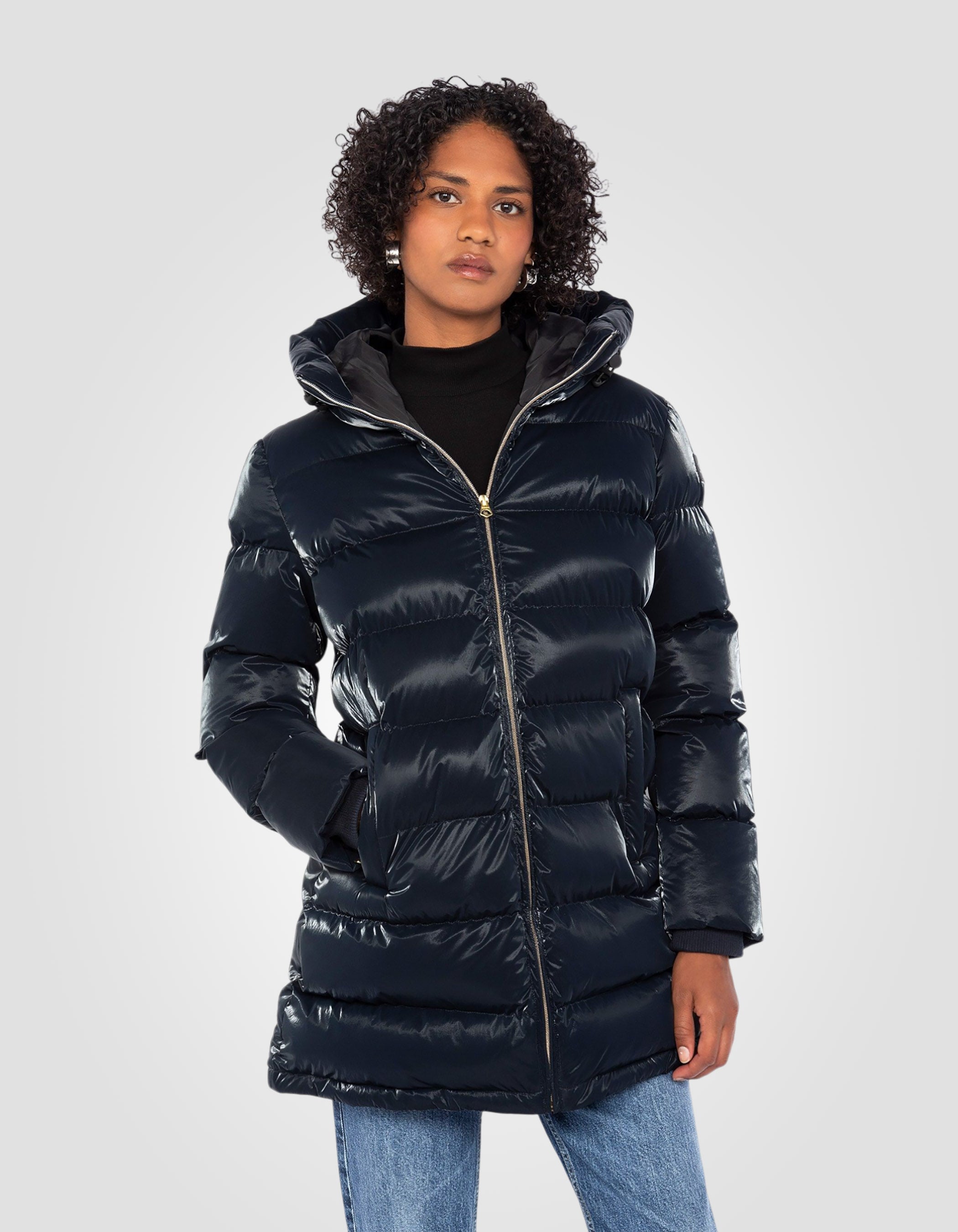 Doudoune longue bleu marine shiny à capuche-3