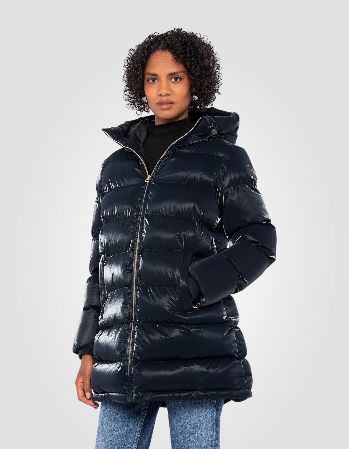 Doudoune longue à capuche effet satinée