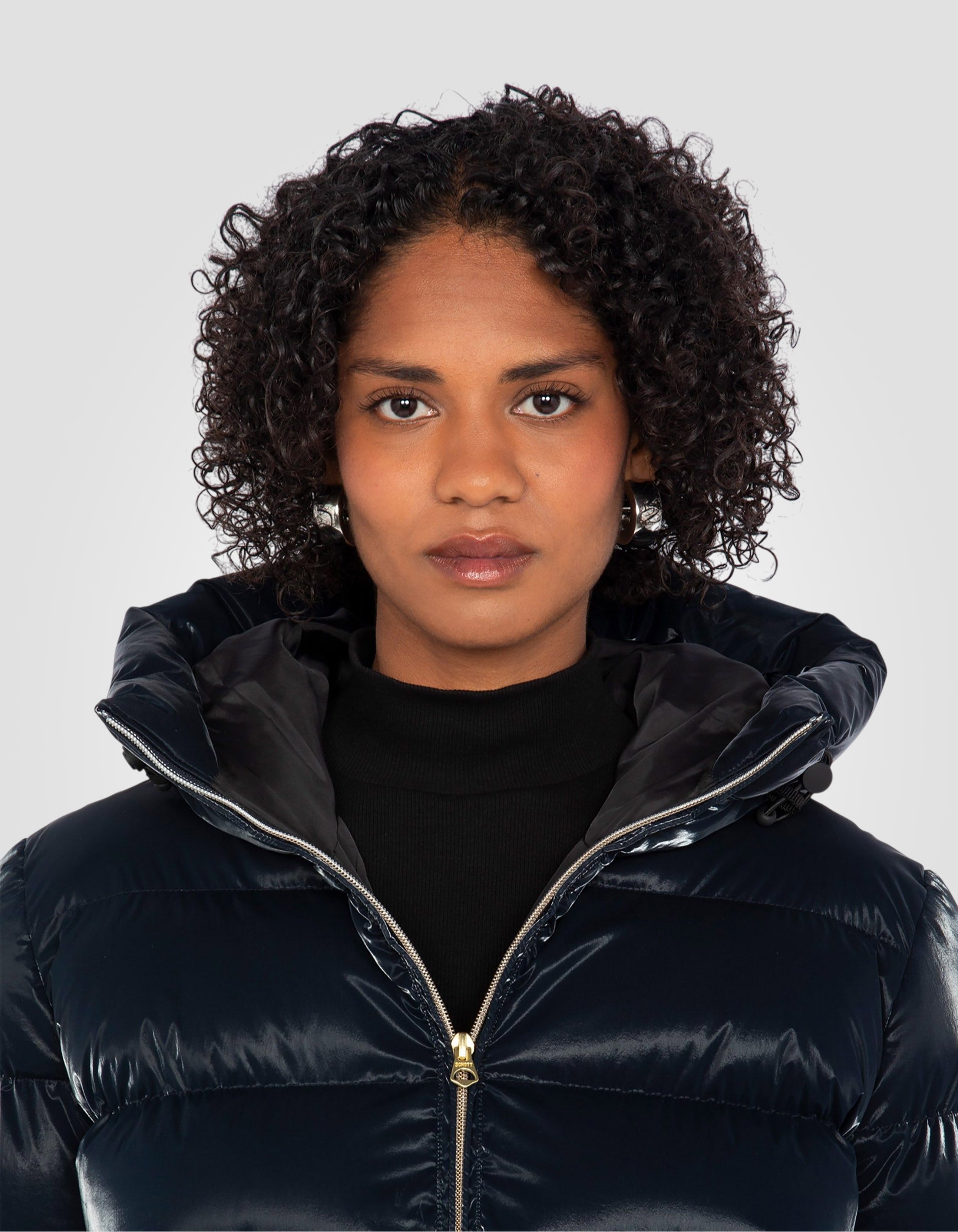 Doudoune longue bleu marine shiny à capuche-5