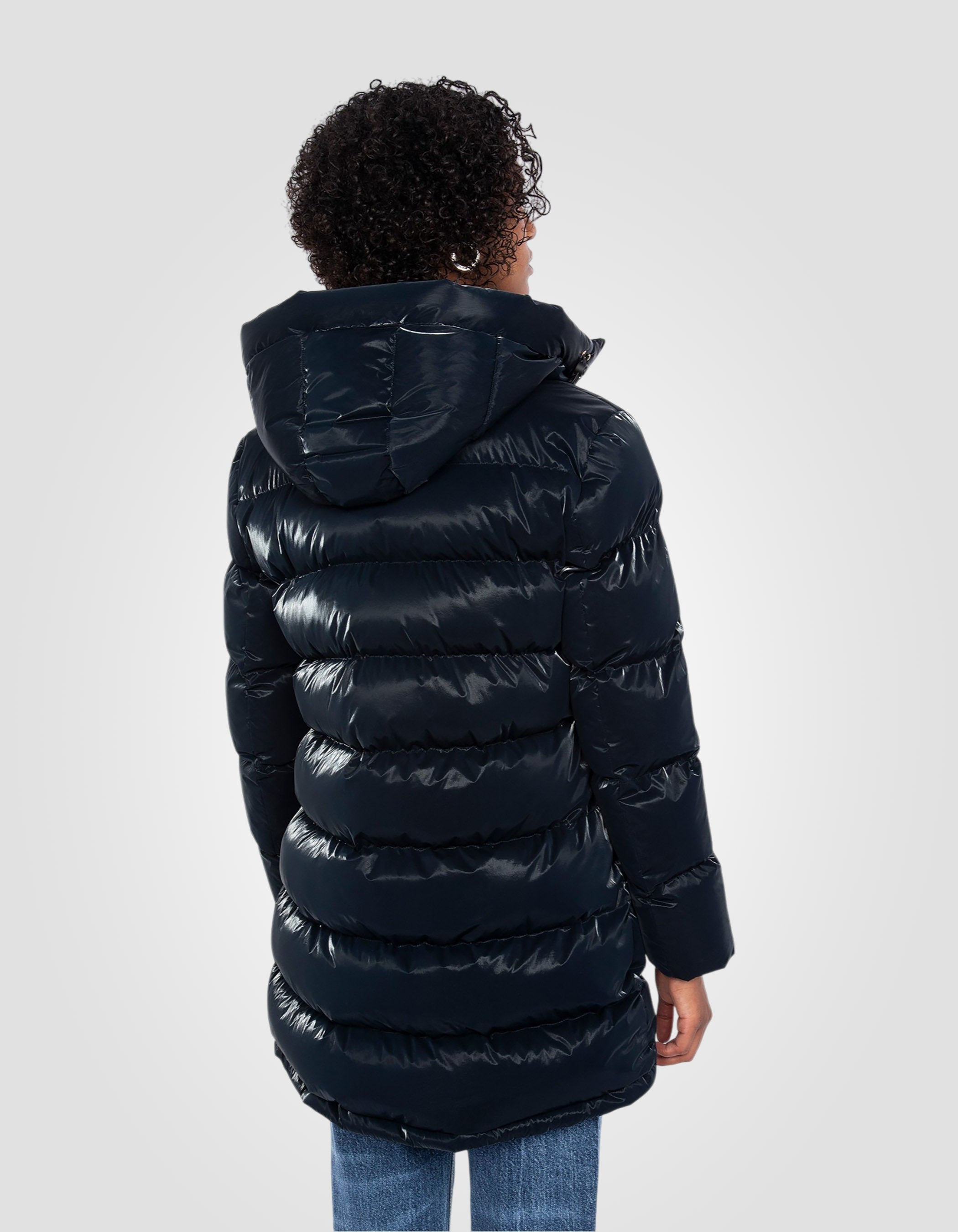 Doudoune longue bleu marine shiny à capuche-6