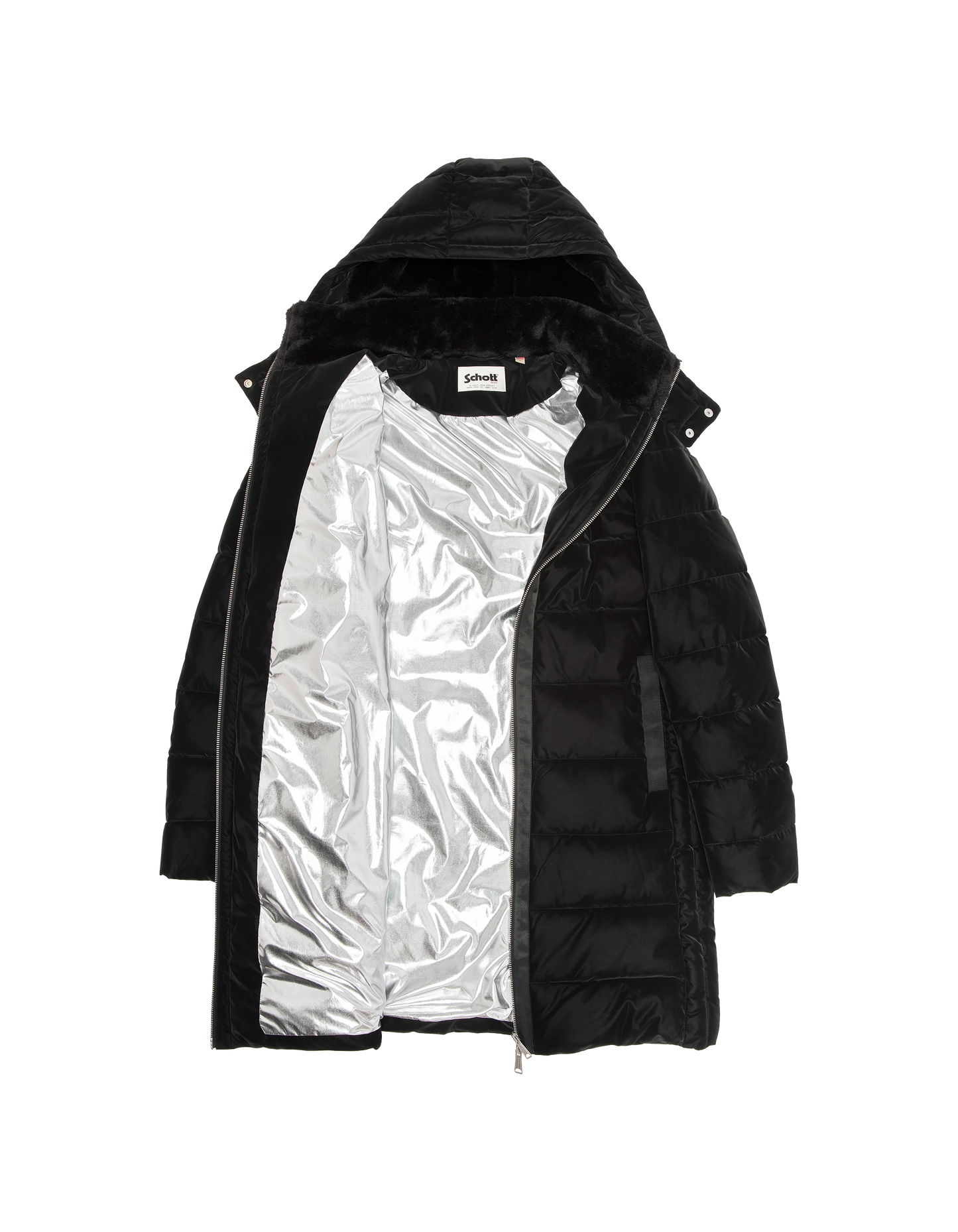 Lunga giacca nera curva con cappuccio