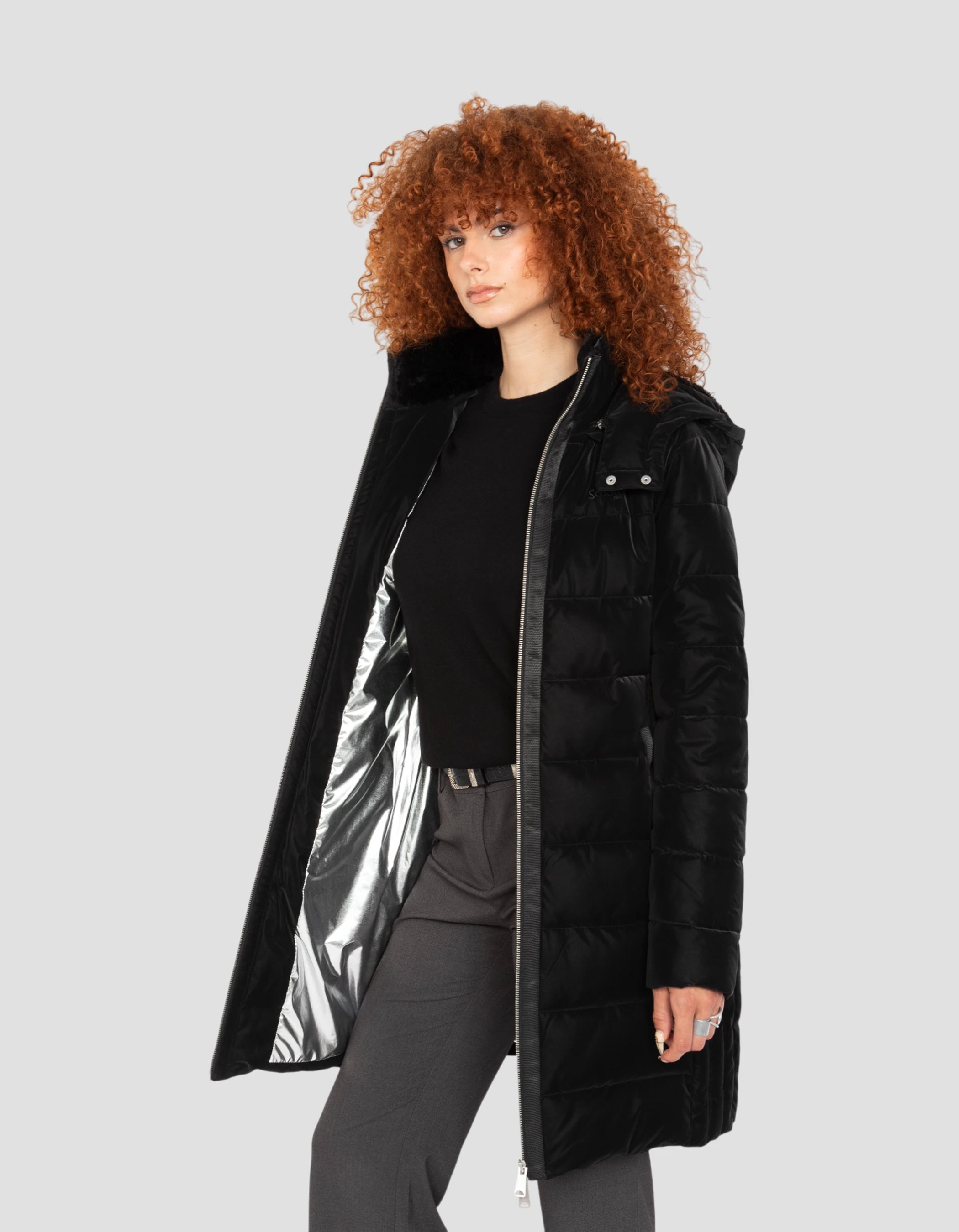 Lunga giacca nera curva con cappuccio-4