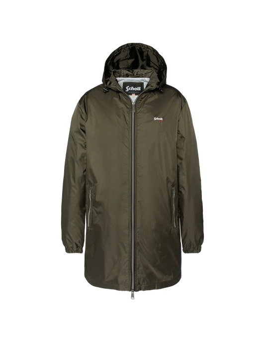 Long khaki hooded windbreaker