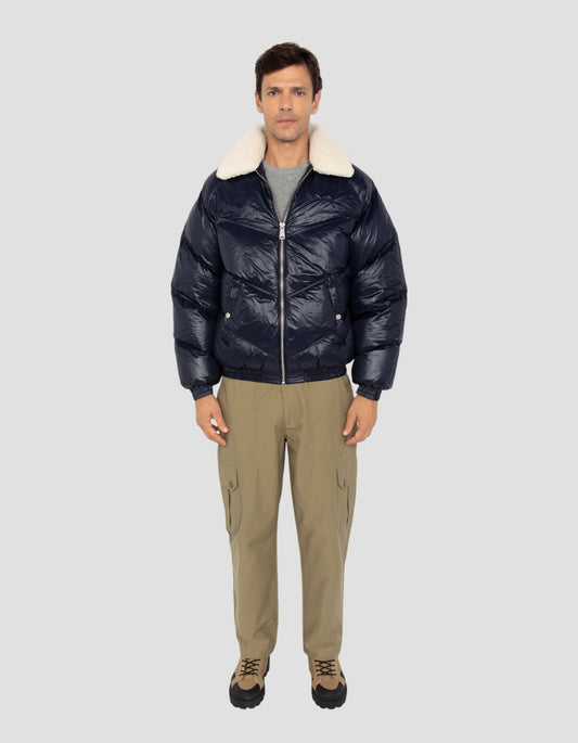 puffer jacket retro streetwear shiny navy blue