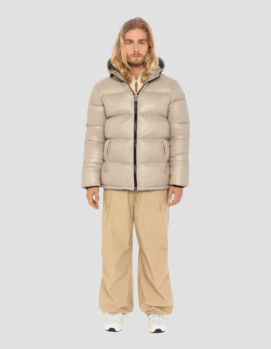 Doudoune beige à capuche shiny
