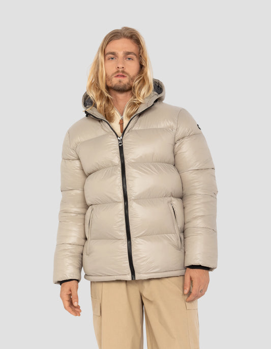 Doudoune beige à capuche shiny