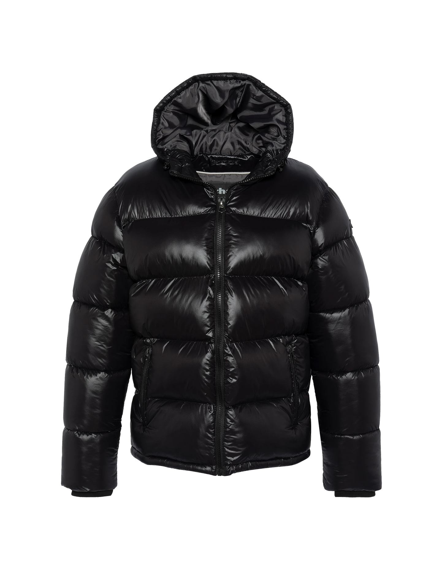 Schwarze glänzende Kapuzenjacke