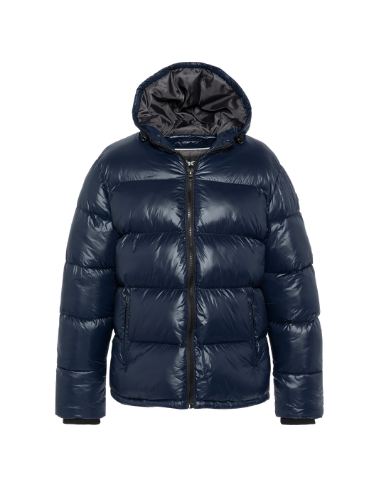 Doudoune bleu marine à capuche shiny