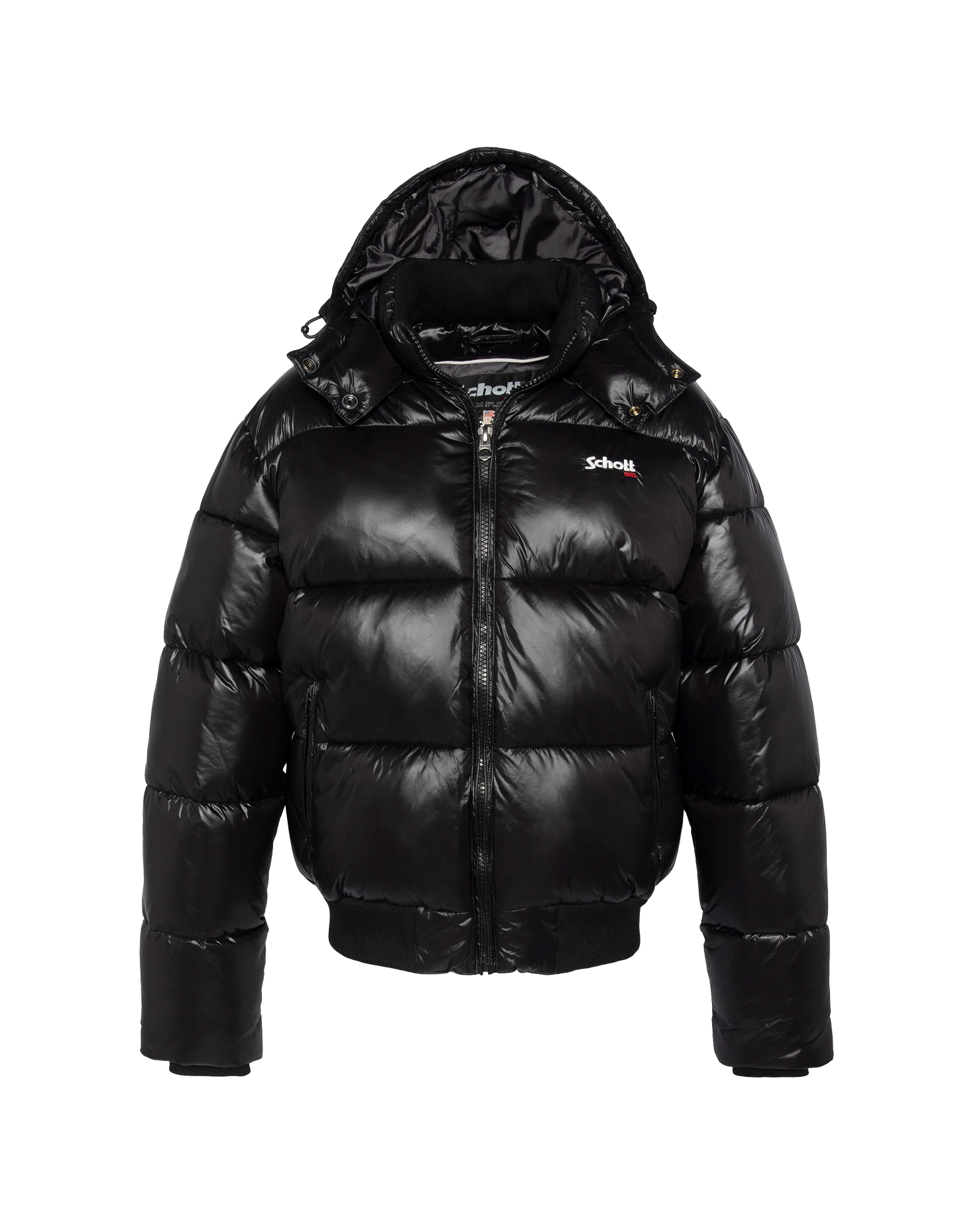 puffer jacket black with shiny hood, boxy fit