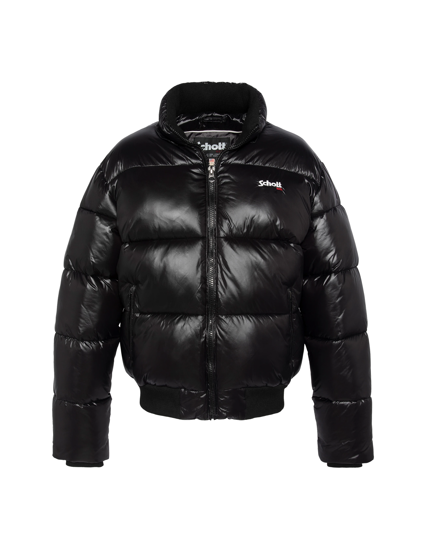 puffer jacket black with shiny hood, boxy fit