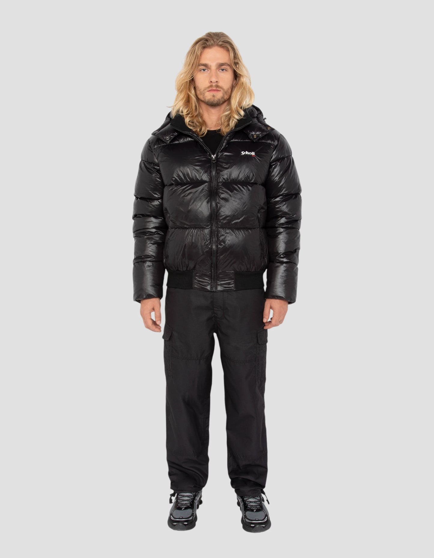 puffer jacket black with shiny hood, boxy fit