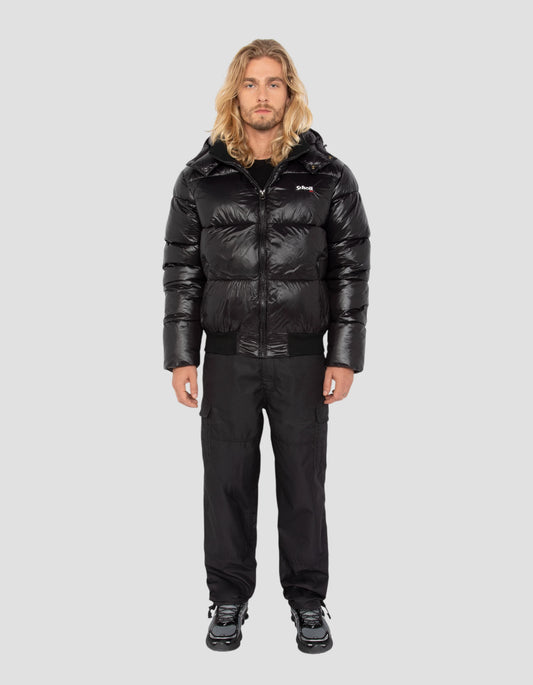 Doudoune noire à capuche shiny, coupe boxy