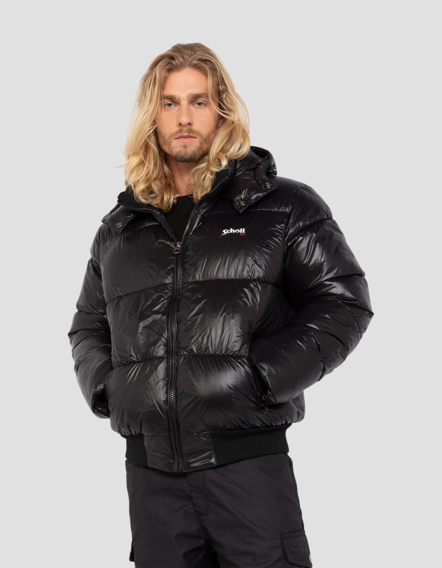 puffer jacket black with shiny hood, boxy fit