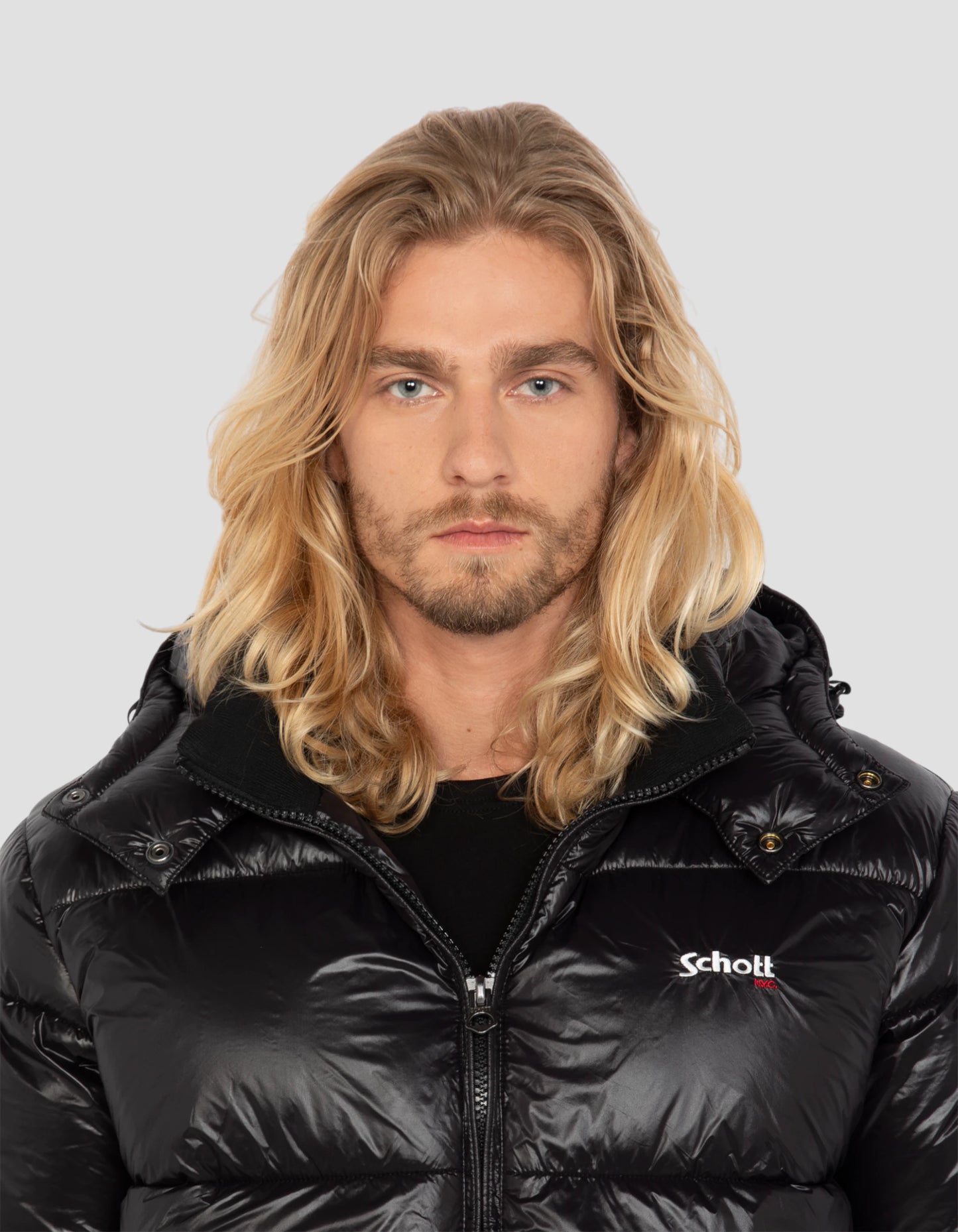 puffer jacket black with shiny hood, boxy fit