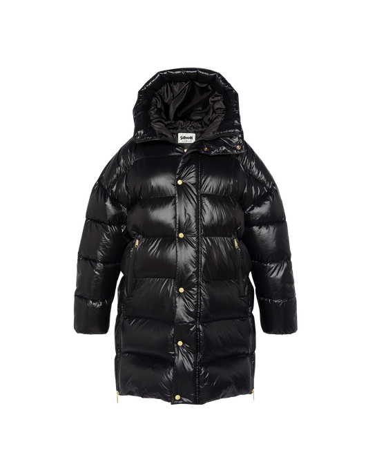 Piumino lungo nero oversize con cappuccio