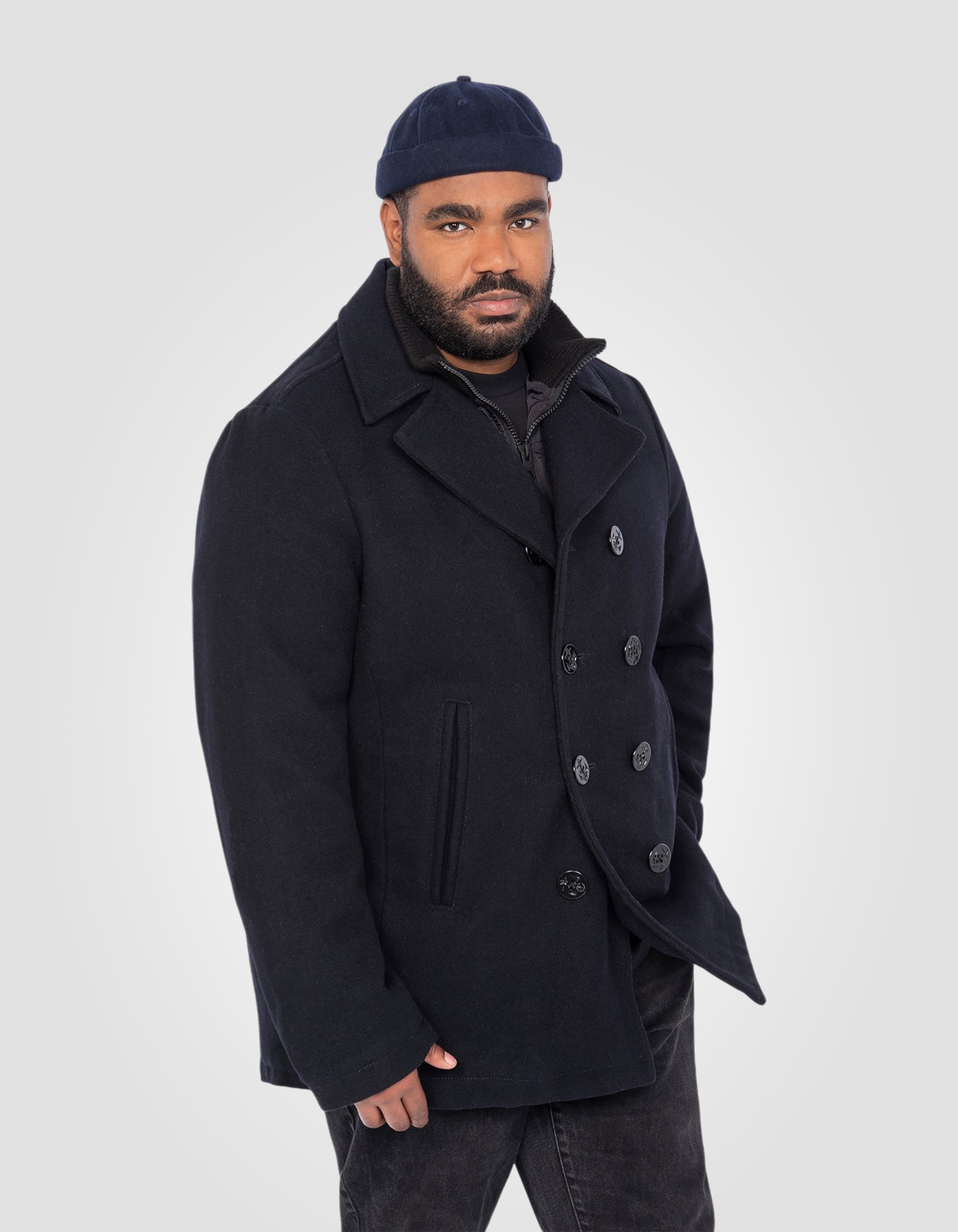 Dunkle Marinebirne in Wolle gemischt mit abnehmbarem Plastron, großer Größe-3