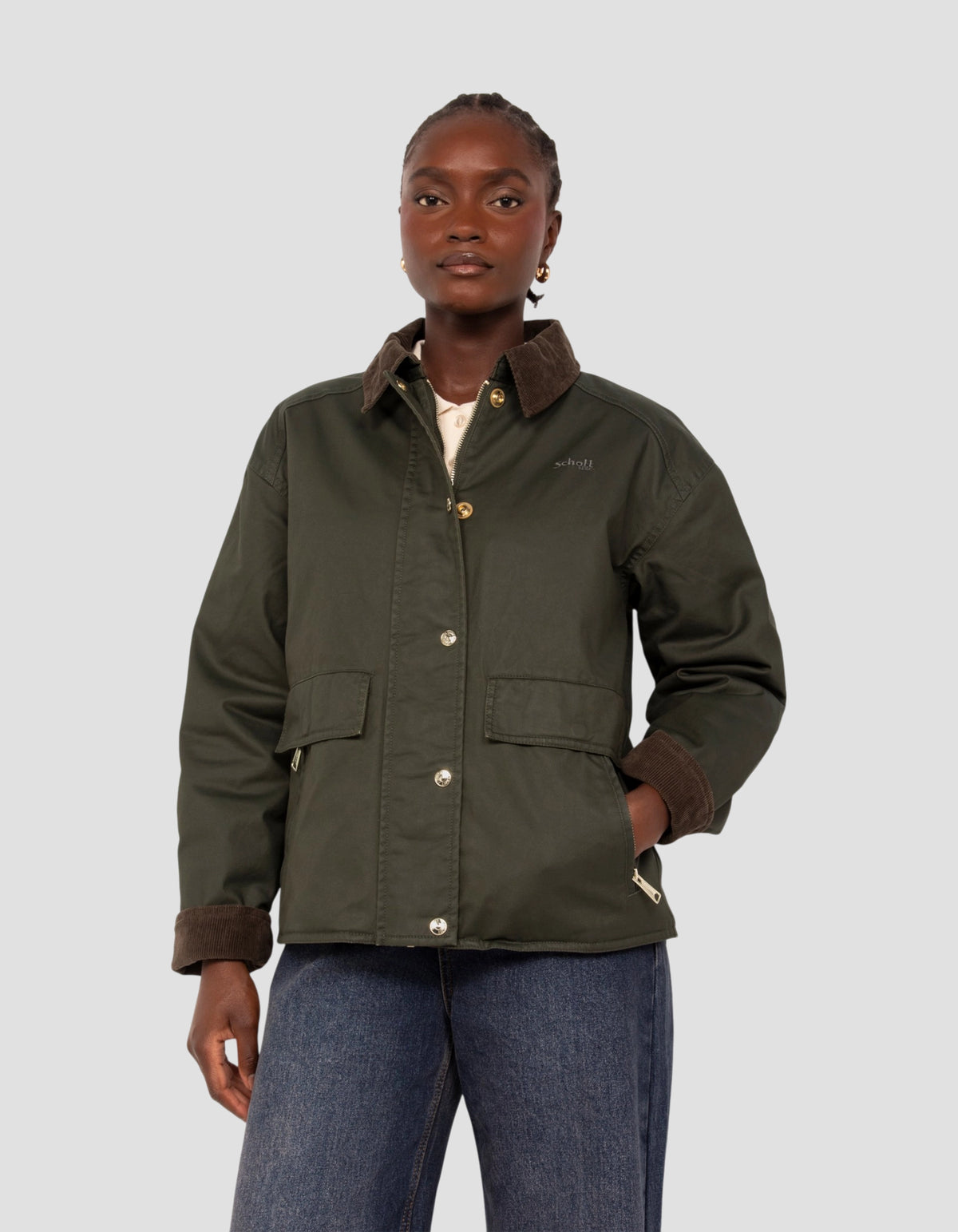 Veste farmer kaki foncé en coton ciré-3