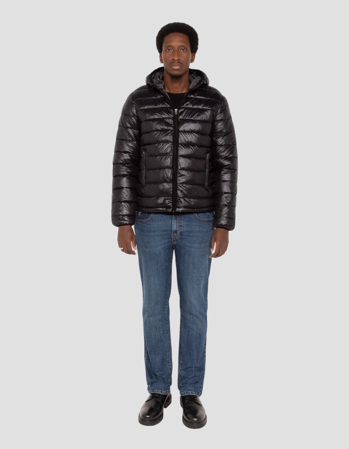 Black shiny hooded puffer jacket-1