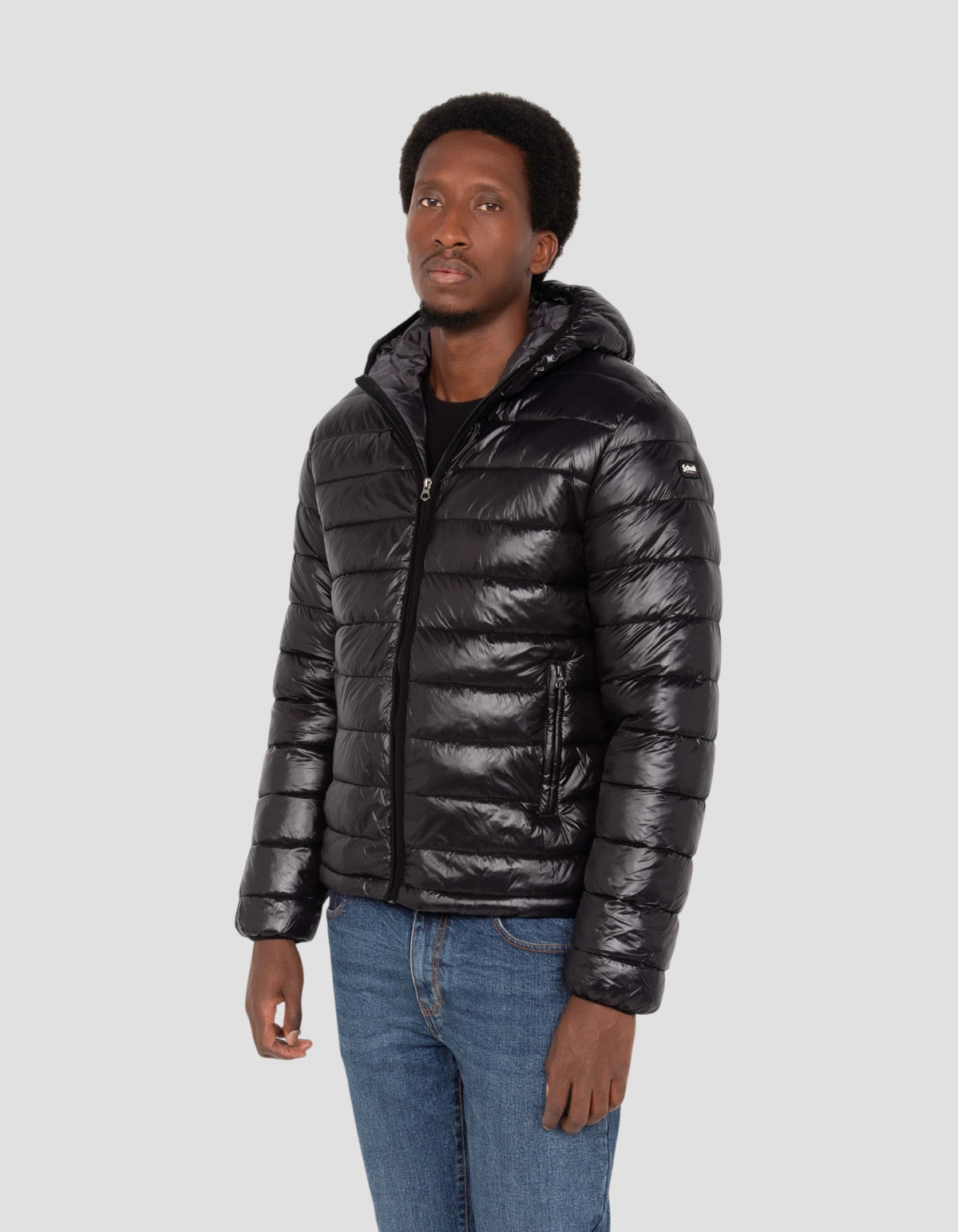 Black shiny hooded puffer jacket-3