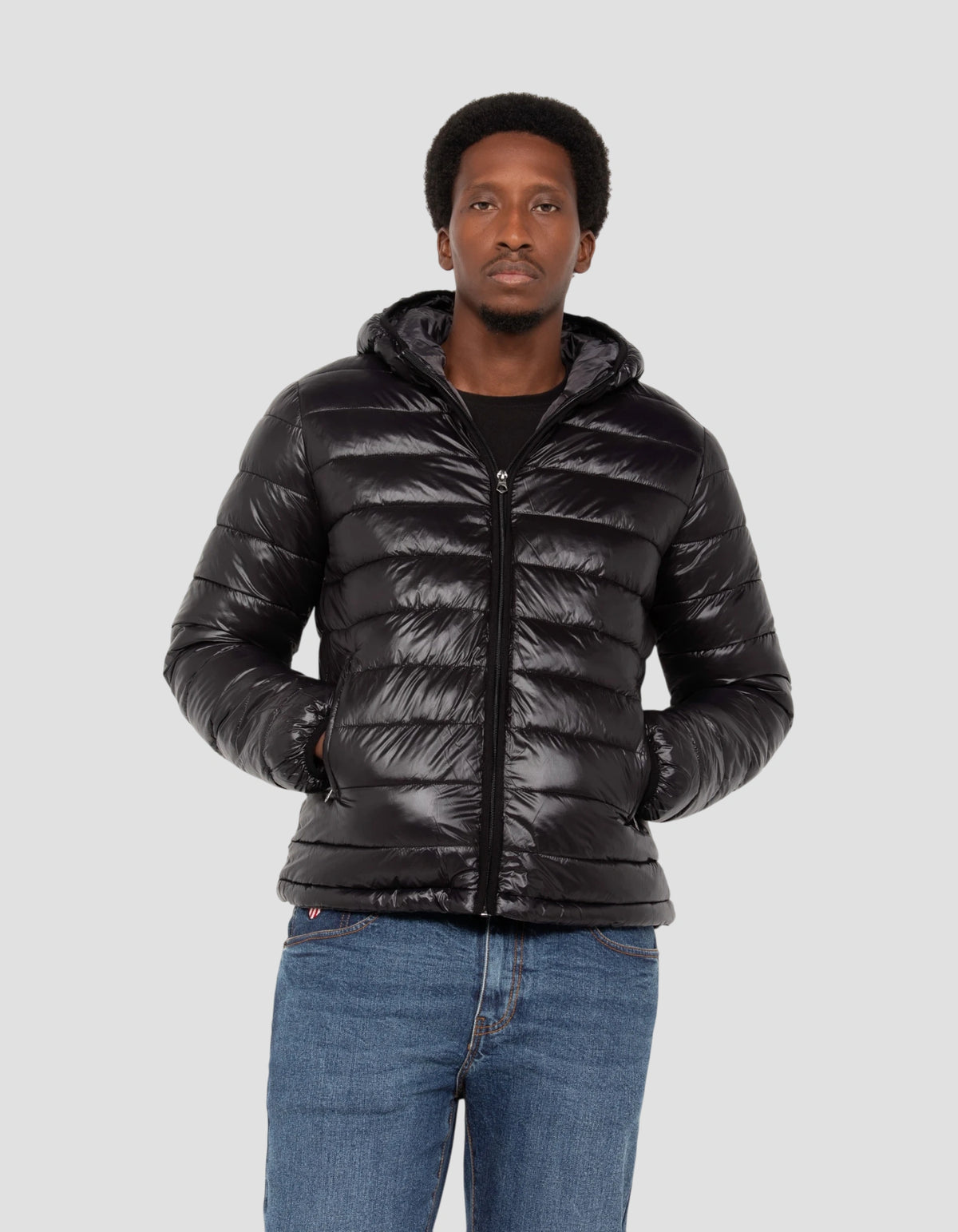 Black shiny hooded puffer jacket-4