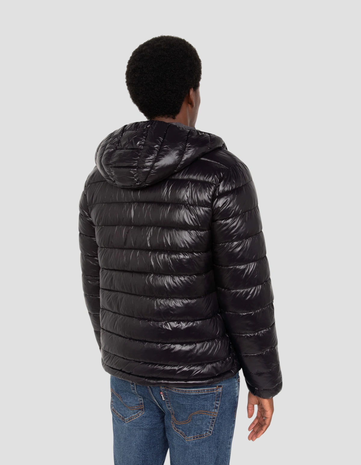 Black shiny hooded puffer jacket