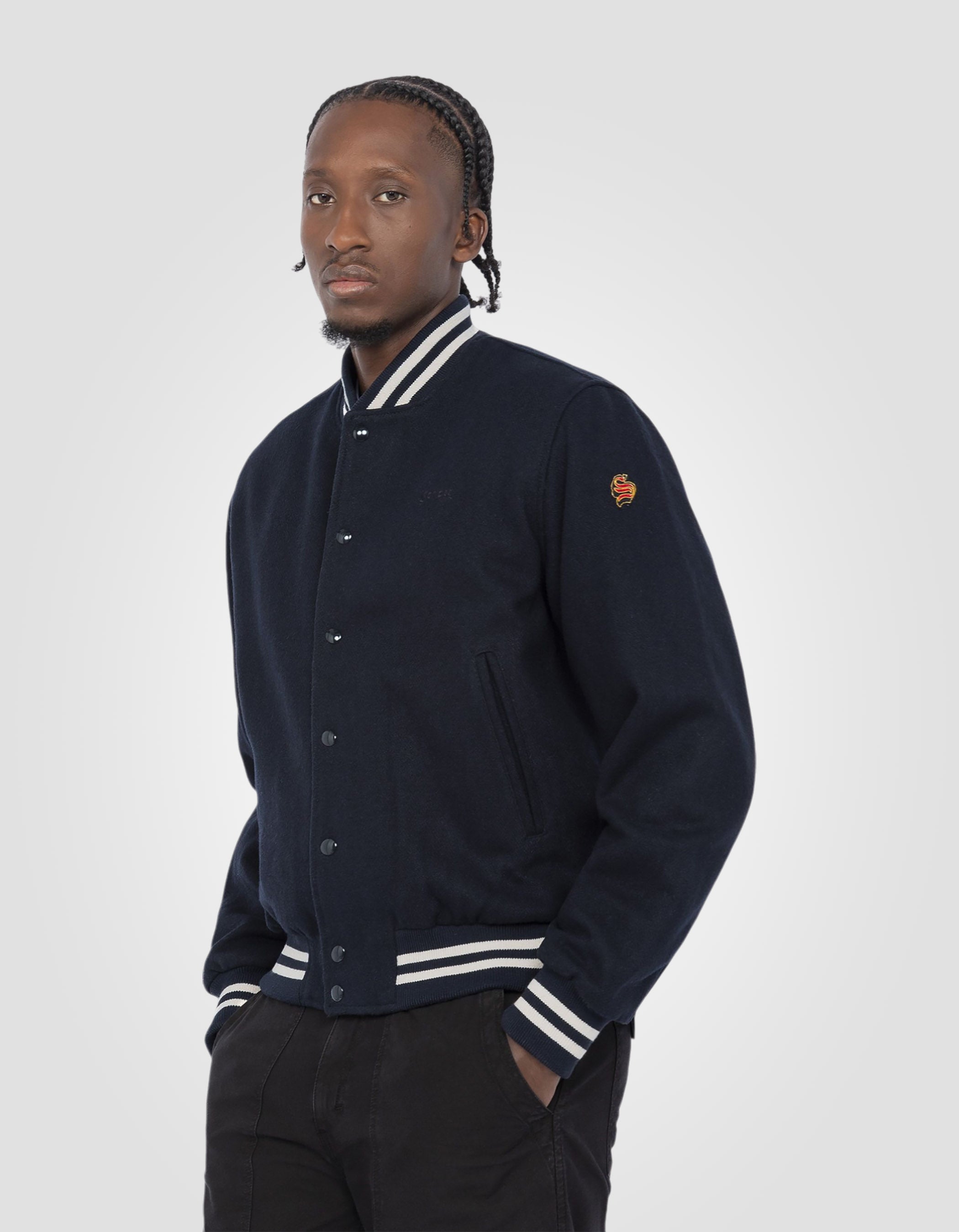 Blouson varsity bleu marine en laine mélangée-4