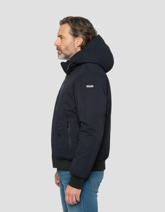 Giacca blu navy con cappuccio con plastron rimovibile