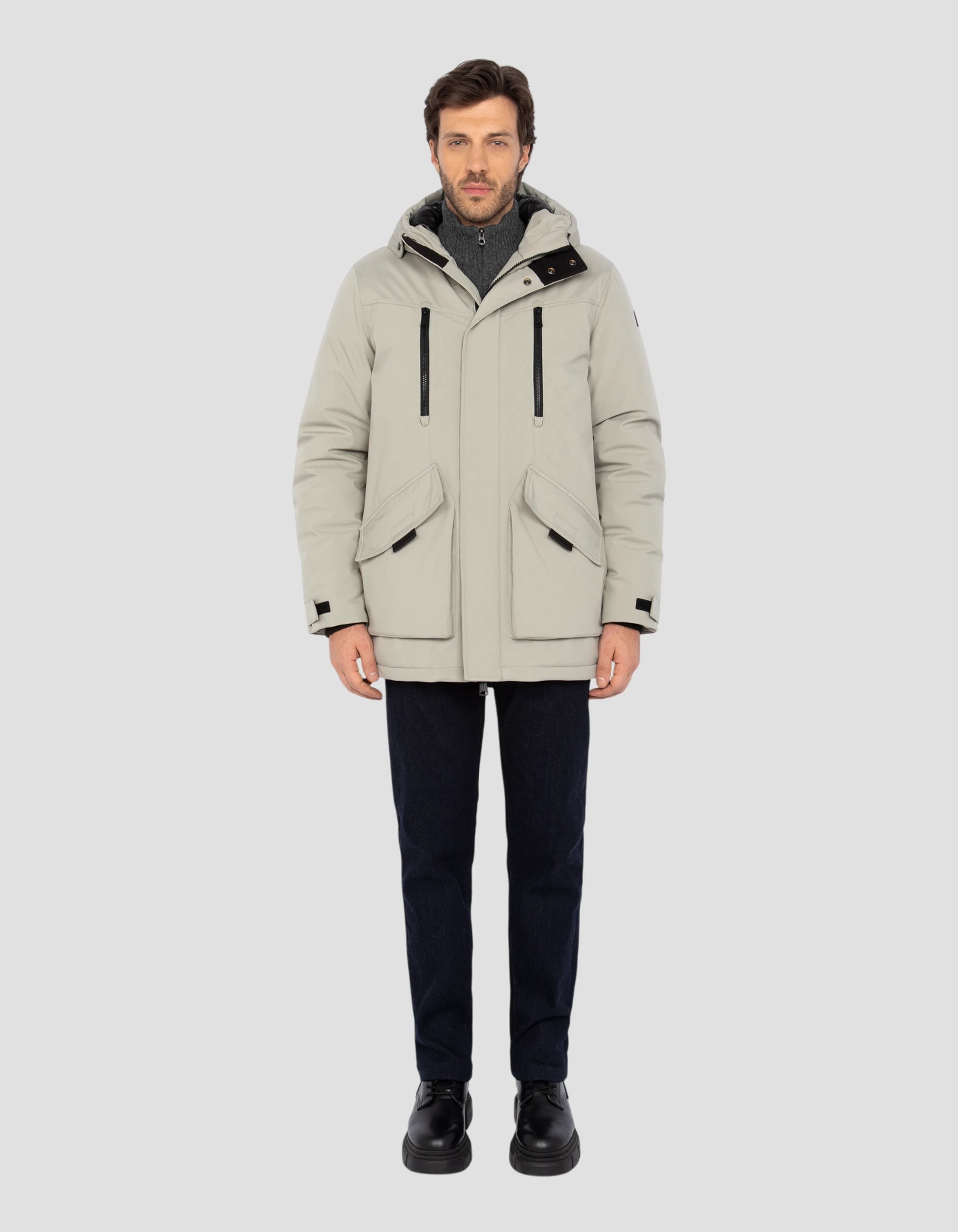 STONE  WOOL ZIP UP KNIT PARKA Sサイズ Stone Island // Grey & Navy Wool Hooded Zip Up Sweater – VSP