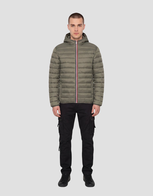 Ultralight khaki hooded puffer jacket