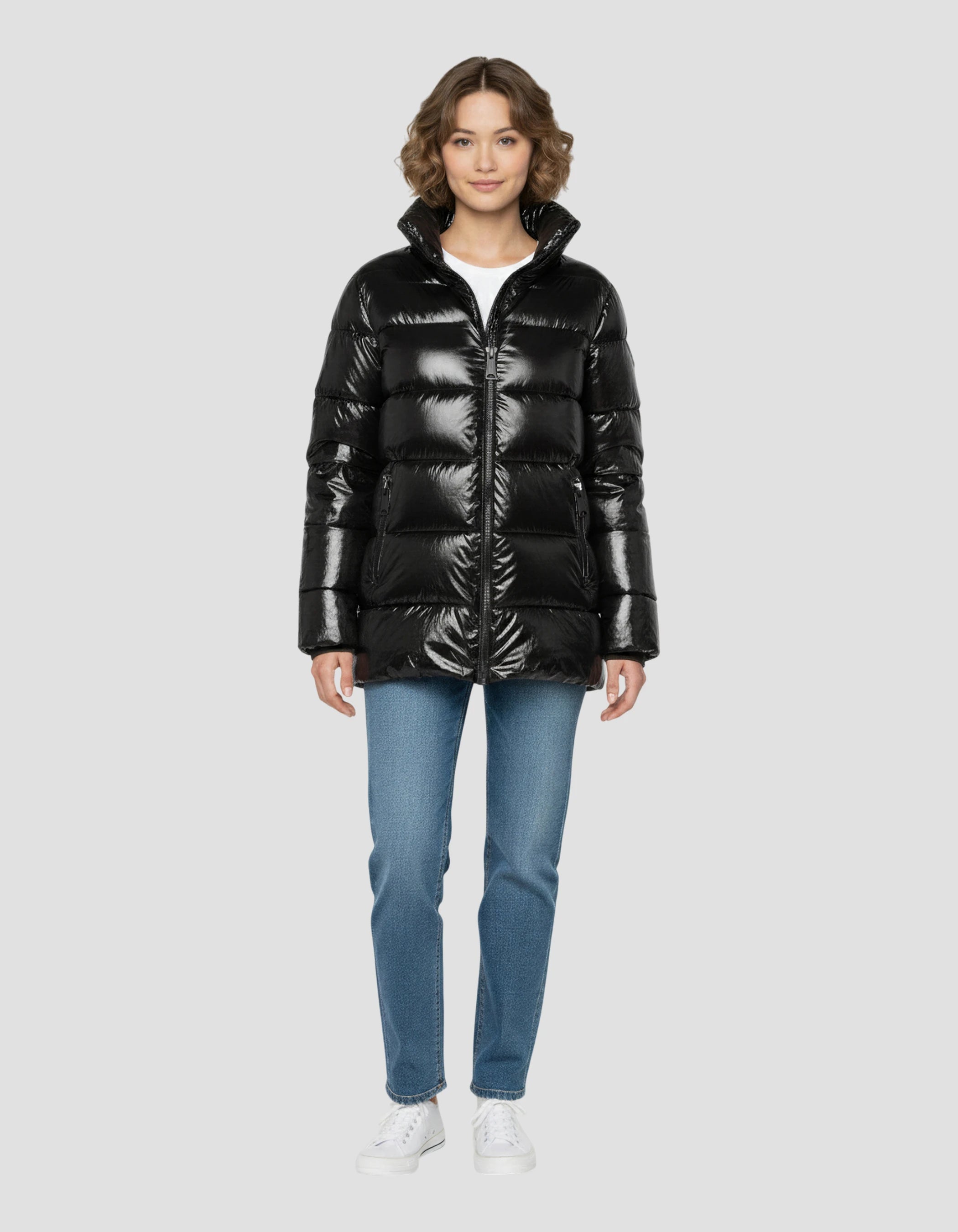 Schwarze Down -Jacke mit abnehmbarem Kunstpelzkragen-1