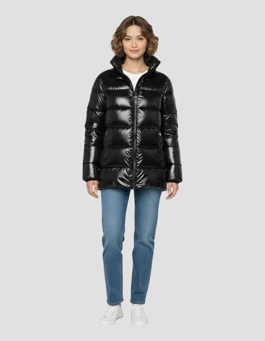 Schwarze Down -Jacke mit abnehmbarem Kunstpelzkragen