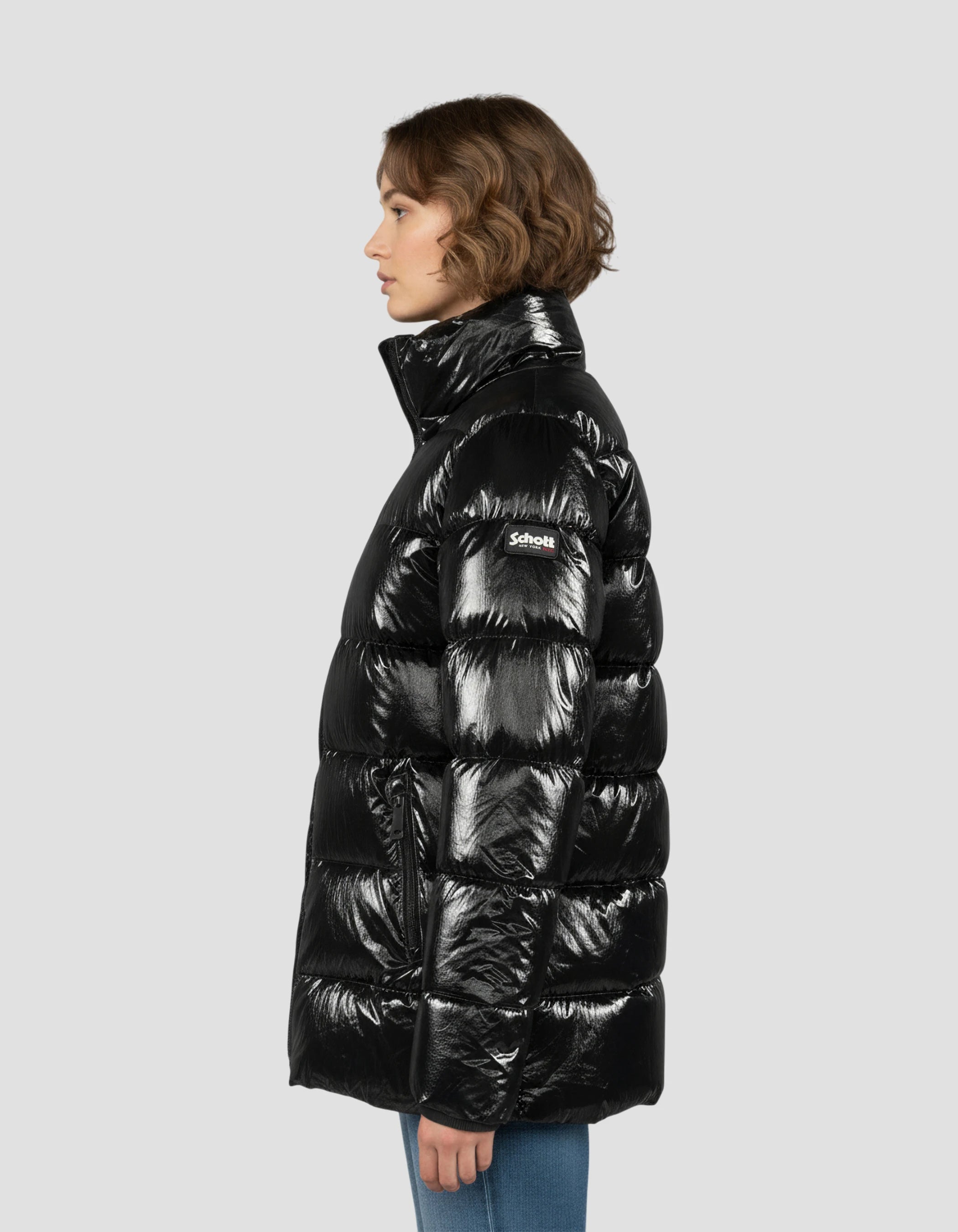 Schwarze Down -Jacke mit abnehmbarem Kunstpelzkragen-3