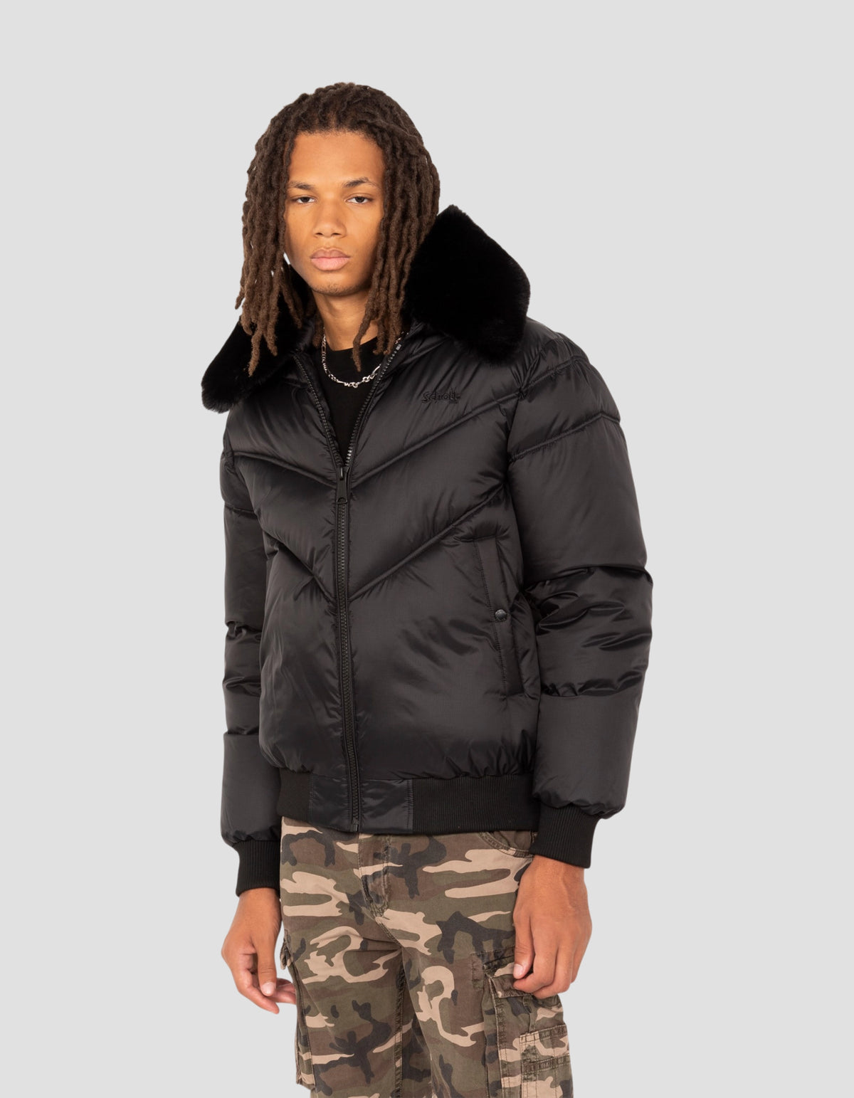 Doudoune urban noire avec col imitation fourrure-3