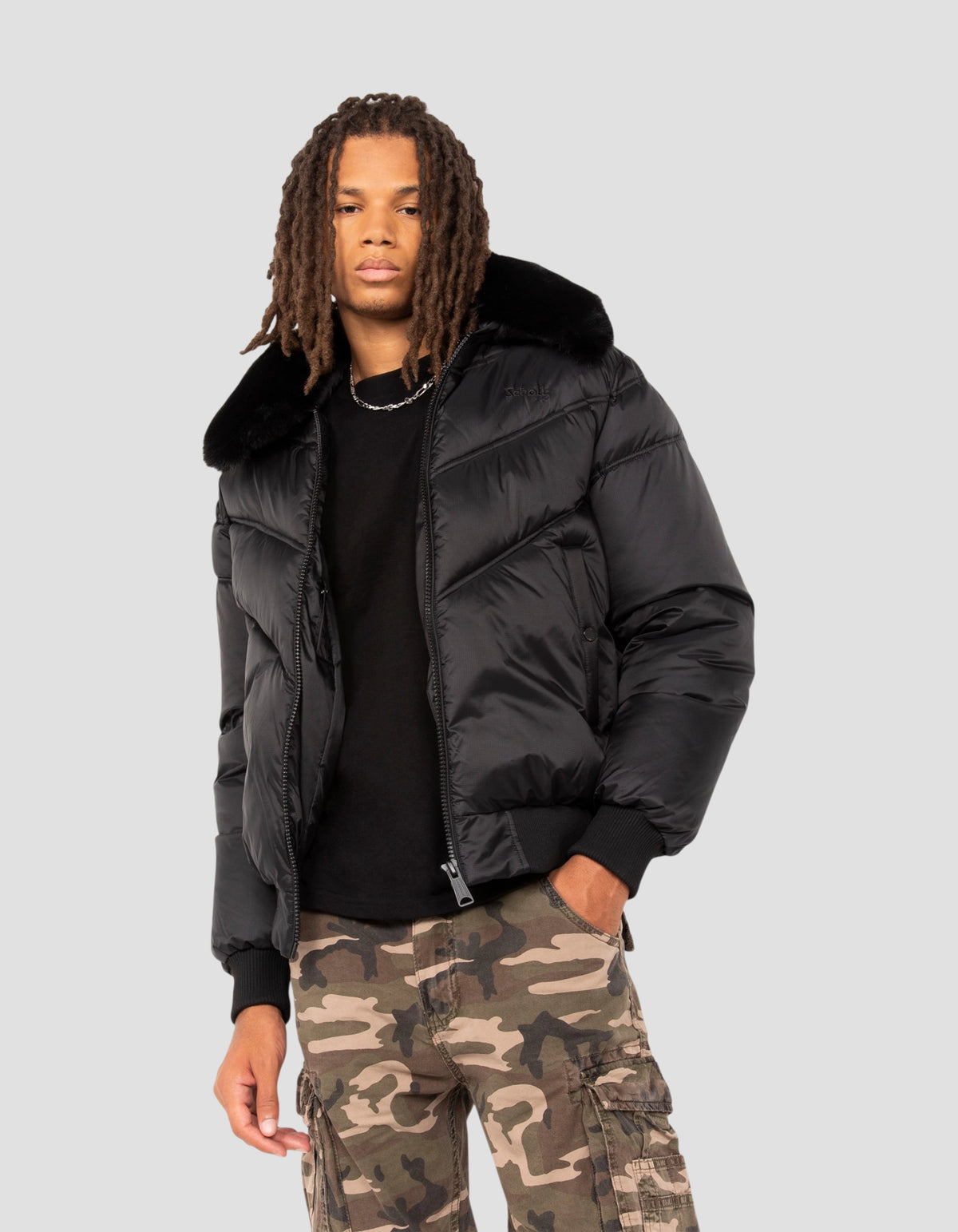 Doudoune urban noire avec col imitation fourrure-4