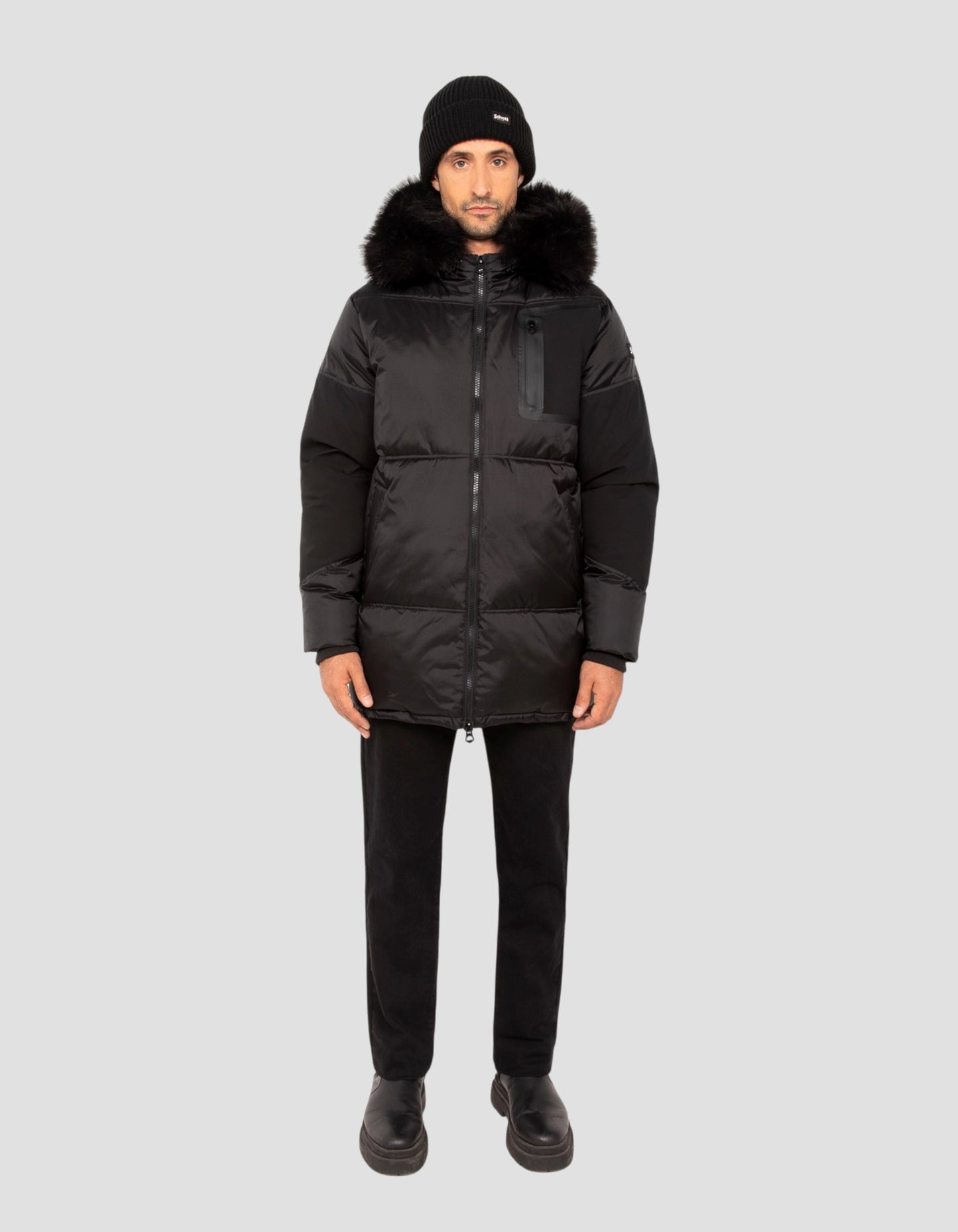 Parka aus zwei Materialien mit schwarzer Kapuze