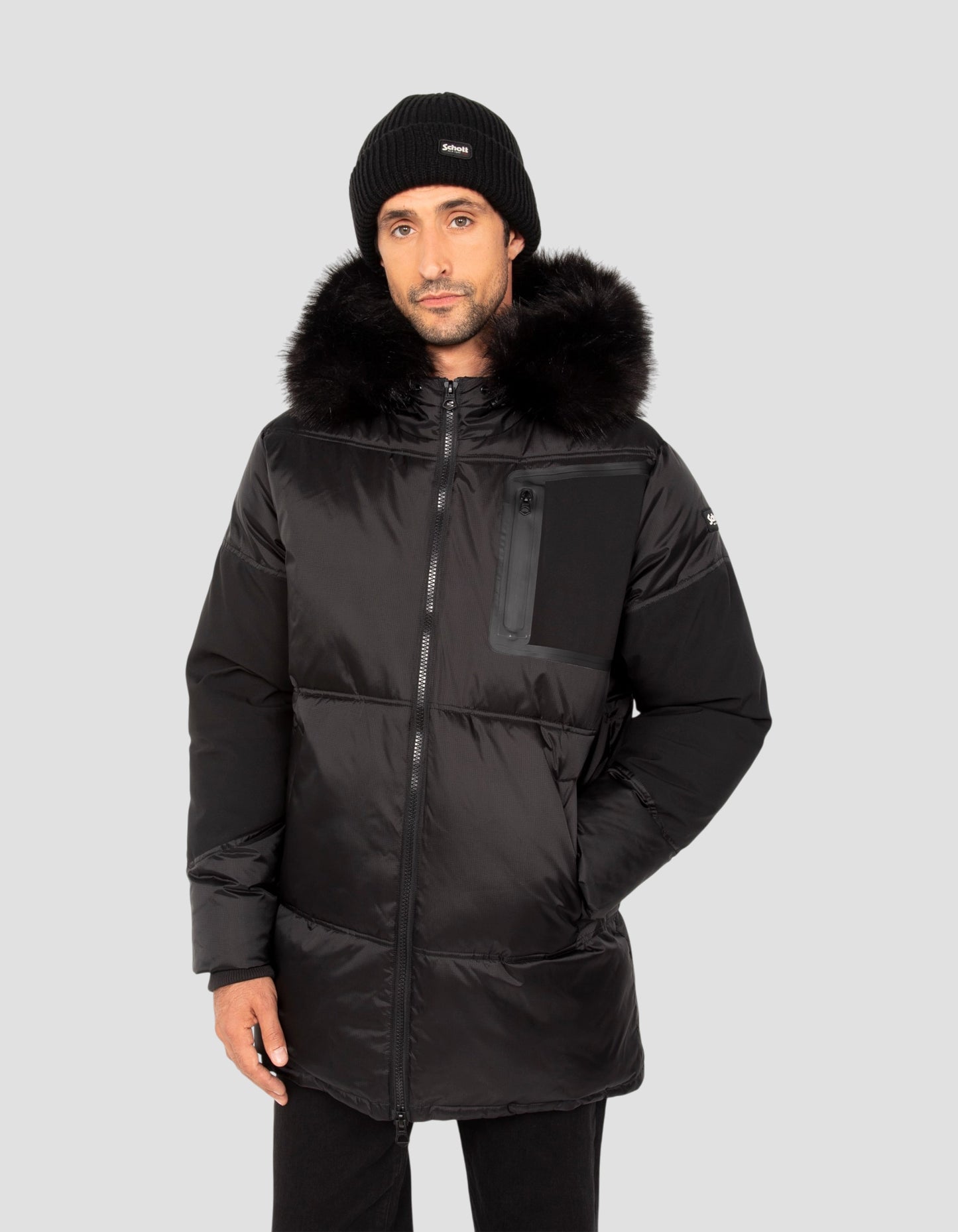 Parka aus zwei Materialien mit schwarzer Kapuze