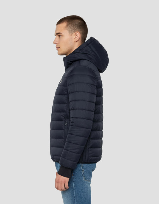 Navy blue down jacket with removable faux fur collar