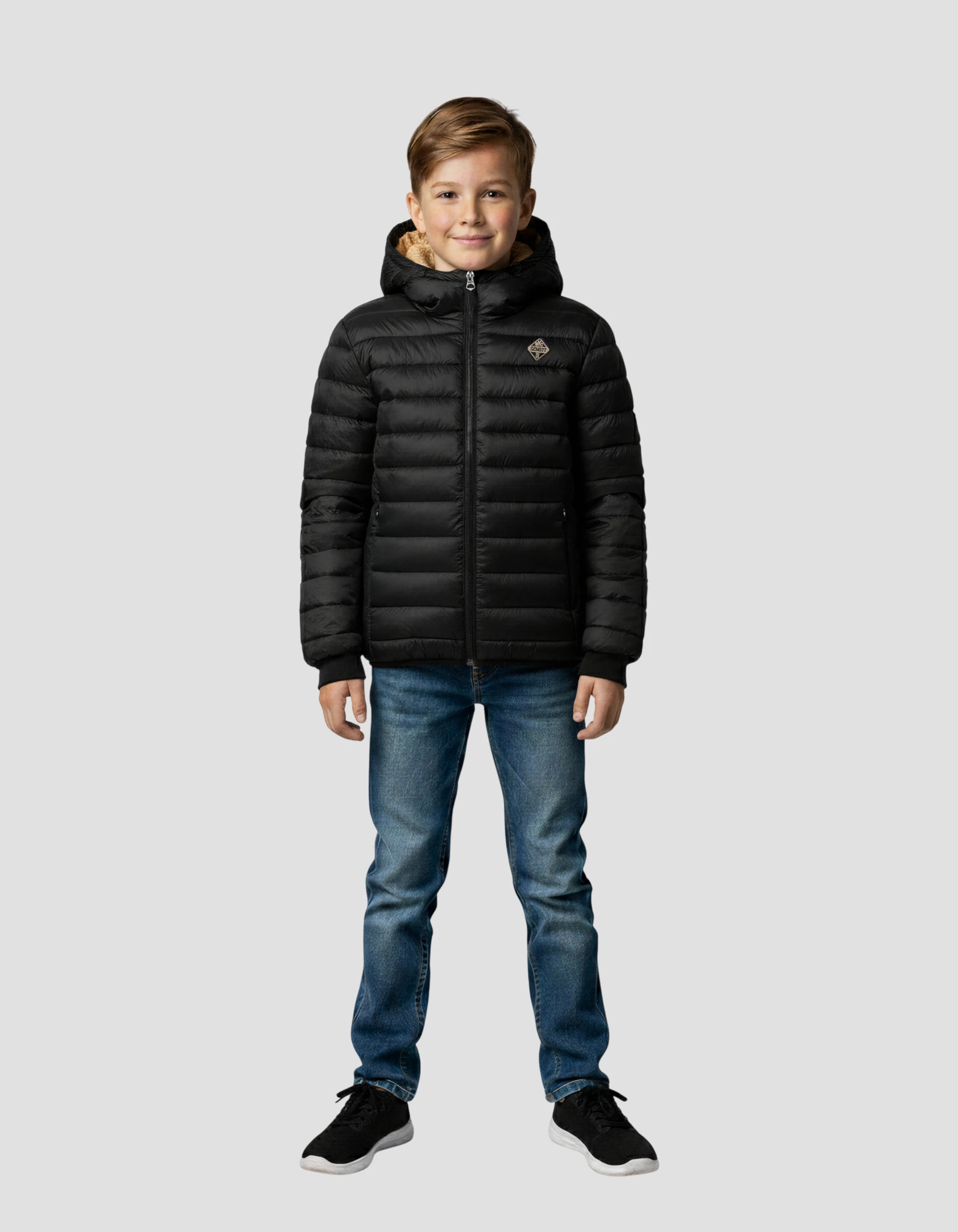 Giacca nera con bambini falsi pellicce con cappuccio foderato-1